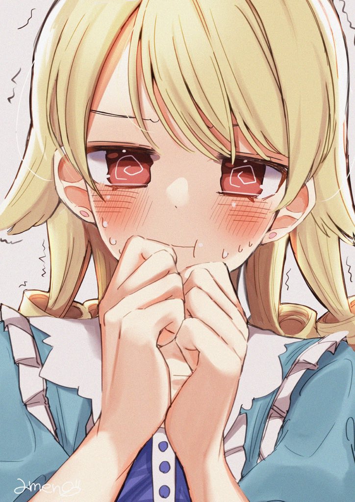 :t @_@ bangs blonde_hair blue_dress blush curly_hair dress frilled_dress frills hands_on_own_face idolmaster idolmaster_cinderella_girls long_hair morikubo_nono red_eyes short_sleeves solo suzugaeru sweat trembling upper_body