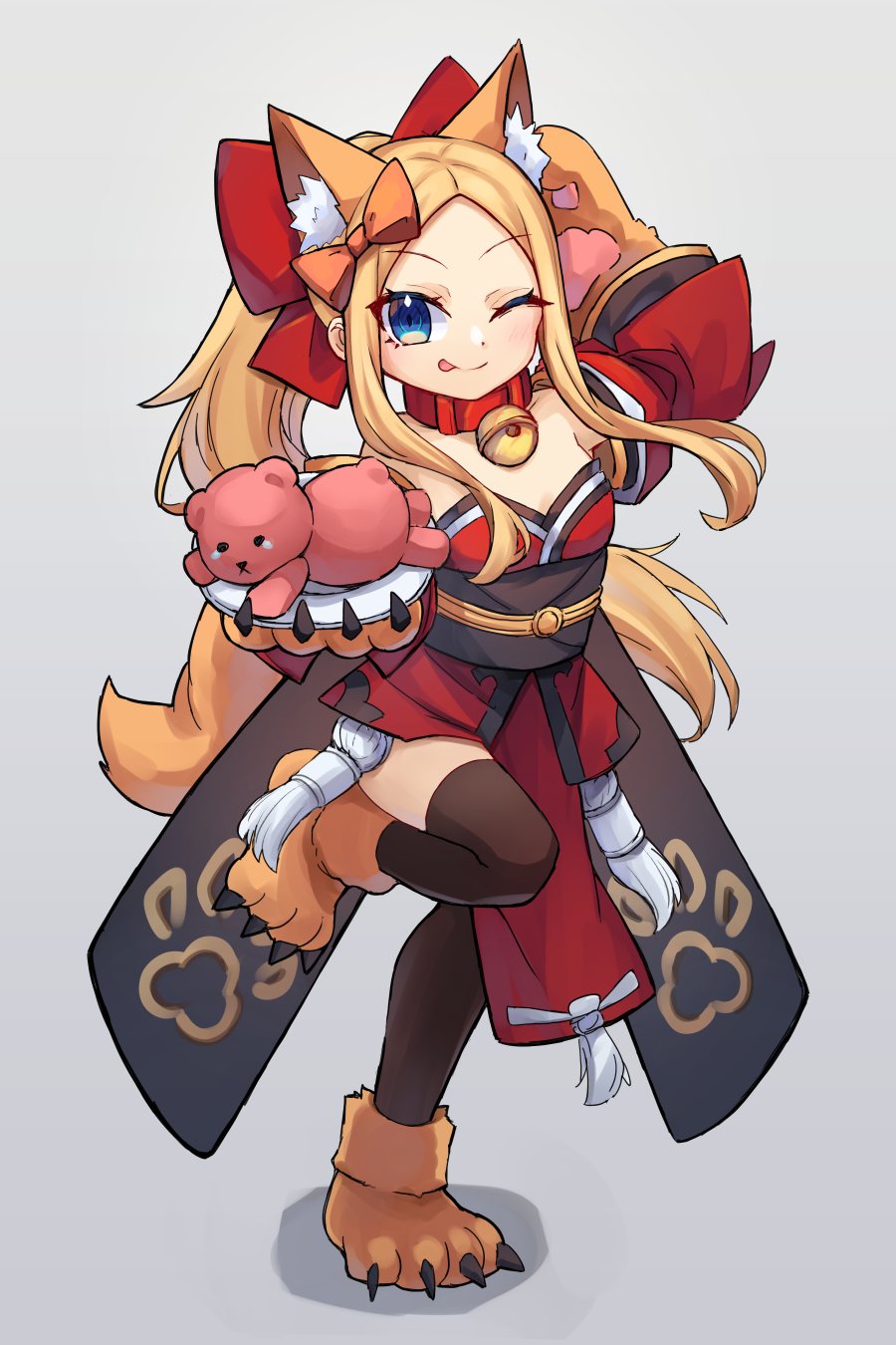 1girl abigail_williams_(fate) animal_ear_fluff animal_hands bangs bare_shoulders bell black_legwear blonde_hair blue_eyes blush bow breasts collar cosplay detached_sleeves fate/extra fate/grand_order fate_(series) forehead fox_tail full_body gloves hair_bow highres japanese_clothes jingle_bell kimono long_hair looking_at_viewer miya_(miyaruta) neck_bell obi parted_bangs paw_gloves paw_shoes plate ponytail red_bow red_kimono sash shoes sidelocks small_breasts smile stuffed_animal stuffed_toy tail tamamo_(fate) tamamo_cat_(fate) tamamo_cat_(fate)_(cosplay) teddy_bear thigh-highs thighs tongue tongue_out wide_sleeves