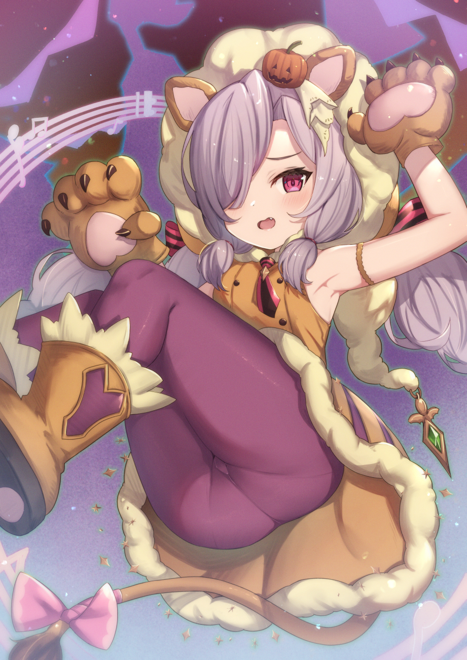 1girl animal_ears animal_hands armpits arms_up ass bangs blush boots bow brown_footwear brown_gloves claws commentary_request dress fang gloves granblue_fantasy hair_ornament hair_over_one_eye hair_ribbon halloween harvin highres jack-o'-lantern jack-o'-lantern_hair_ornament lion_ears lion_tail long_hair looking_at_viewer low_twintails niyon_(granblue_fantasy) open_mouth panties panties_under_pantyhose pantyhose pantylines paw_gloves pink_bow pointy_ears purple_hair purple_legwear purple_ribbon revision ribbon sleeveless sleeveless_dress solo striped striped_ribbon tail tail_bow tail_ornament thighs twintails underwear uneg violet_eyes