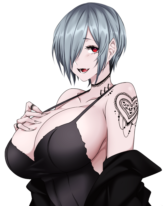 1girl breasts camui_kamui eyebrows eyebrows_visible_through_hair fang gothic hand_on_own_chest heart heart_tattoo huge_breasts jewelry looking_at_viewer multiple_rings off_shoulder open_mouth original red_eyes ring short_hair shoulder_tattoo sideboob silver_hair smile tattoo undressing