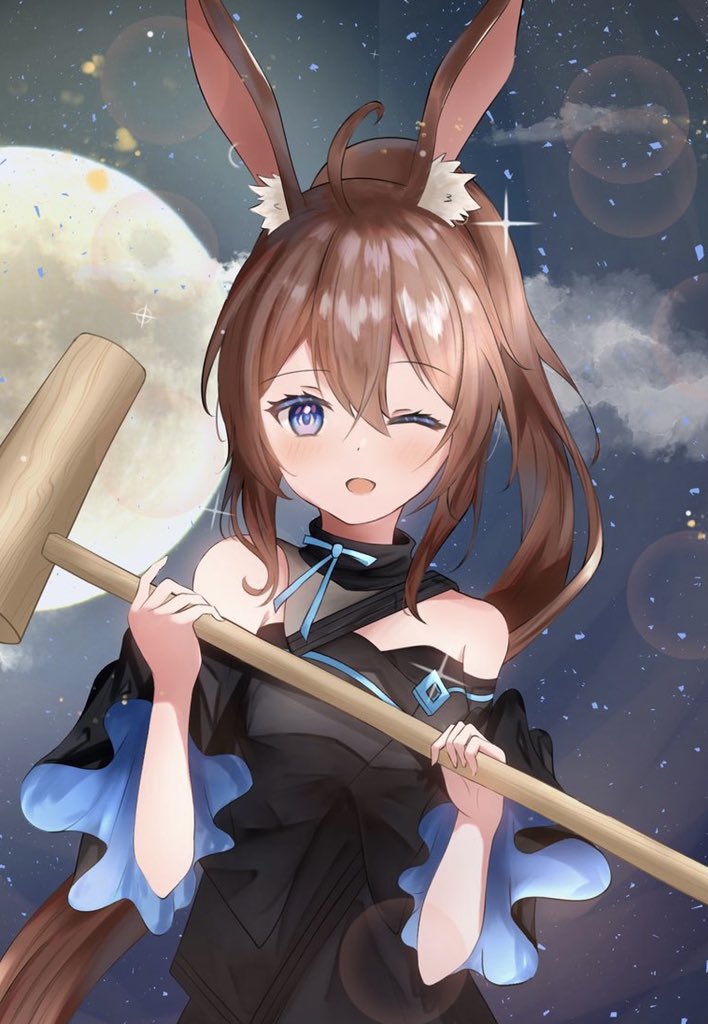 1girl afarisu_dayo ahoge amiya_(arknights) animal_ears arknights bangs bare_shoulders black_dress blue_eyes blush brown_hair dress holding holding_mallet long_hair mallet official_alternate_costume one_eye_closed ponytail rabbit_ears rabbit_girl solo