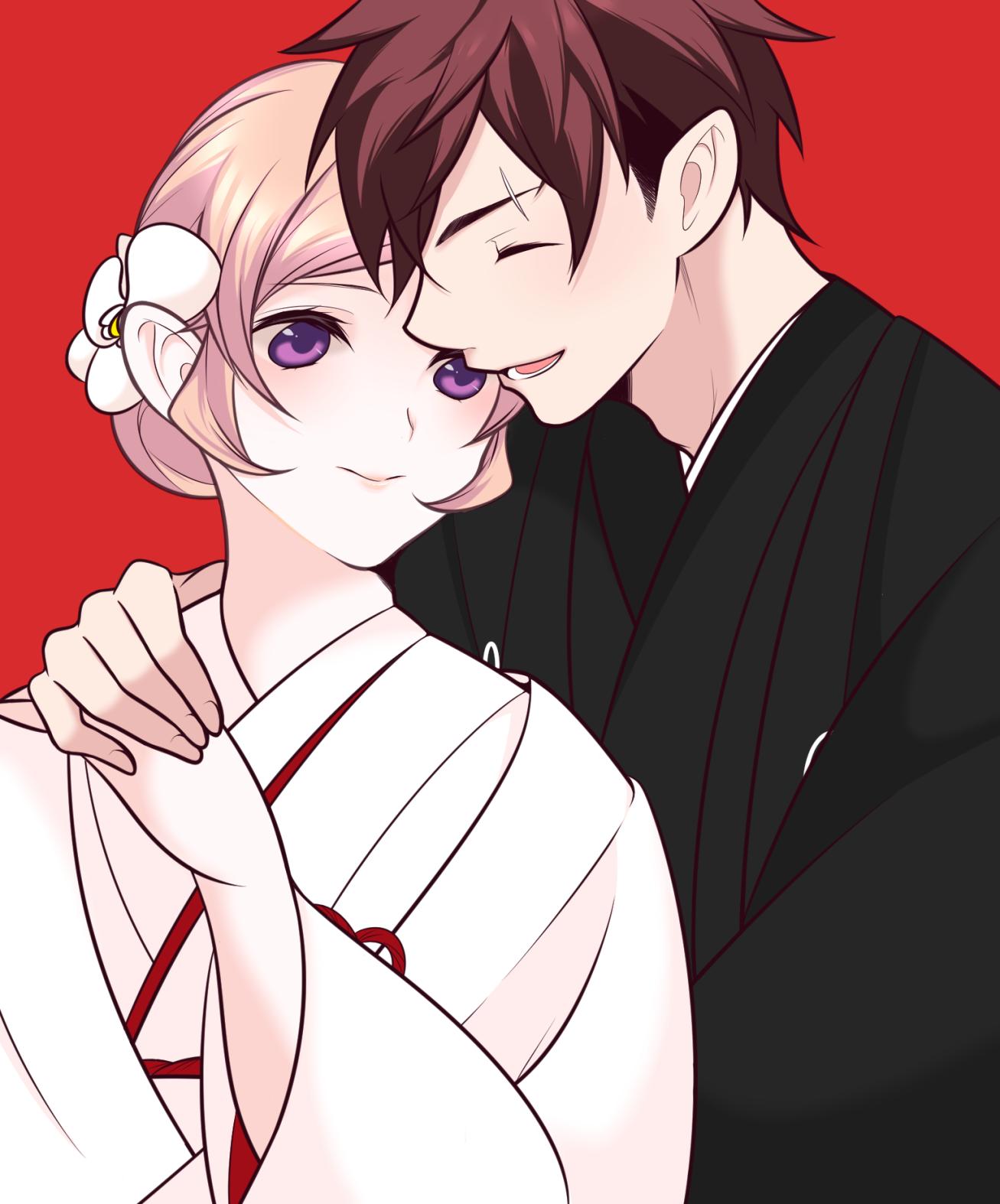 1boy 1girl black_kimono blonde_hair blush closed_eyes couple hair_ornament hairclip happy highres husband_and_wife japanese_clothes kimono married nakiri_erina redhead s2kns1 shokugeki_no_souma short_hair uchikake violet_eyes wedding white_kimono yukihira_souma