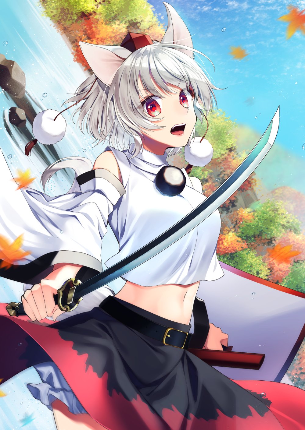 1girl animal_ear_fluff animal_ears autumn_leaves bangs belt bloomers blue_sky blurry blurry_background breasts detached_sleeves eyebrows_visible_through_hair fang hat highres inubashiri_momiji kaede_(mmkeyy) katana large_breasts lips long_sleeves midriff multicolored multicolored_clothes multicolored_skirt navel open_mouth pom_pom_(clothes) red_eyes river rock scabbard sheath shield short_hair silver_hair skirt sky solo sword tail tokin_hat tongue touhou underwear upper_body water_drop weapon wide_sleeves wolf_ears wolf_tail