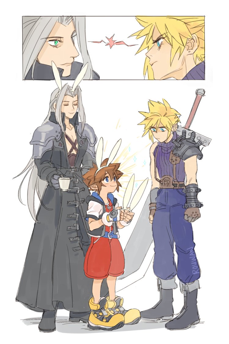 alice_in_wonderland animal_ears blonde_hair blue_eyes brown_hair cloud_strife final_fantasy final_fantasy_vii final_fantasy_vii_advent_children fingerless_gloves gloves jewelry keyblade kingdom_hearts kingdom_hearts_i male_focus necklace open_mouth rabbit_ears rouwan sephiroth short_hair silver_hair simple_background smile sora_(kingdom_hearts) spiky_hair super_smash_bros.