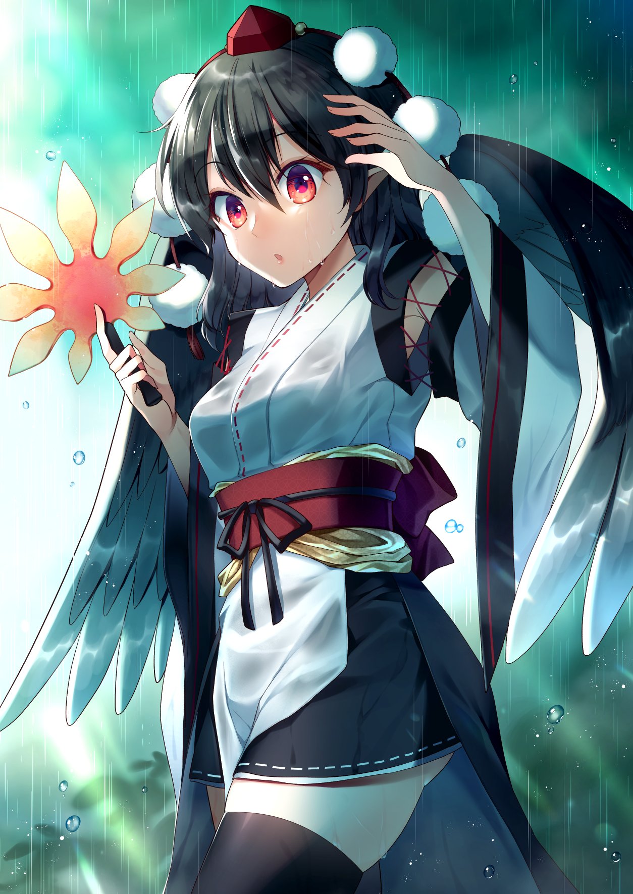 1girl arm_up bangs bird_wings black_hair black_legwear black_skirt black_wings blurry blurry_background breasts commentary_request cross-laced_clothes eyebrows_visible_through_hair feathered_wings hair_between_eyes hat hauchiwa highres japanese_clothes kaede_(mmkeyy) kourindou_tengu_costume large_breasts lips long_sleeves looking_at_viewer miniskirt obi obijime open_mouth pointy_ears pom_pom_(clothes) rain ribbon-trimmed_clothes ribbon-trimmed_skirt ribbon_trim sash shameimaru_aya skirt solo thigh-highs tokin_hat touhou water_drop wet wet_clothes wet_face wide_sleeves wings