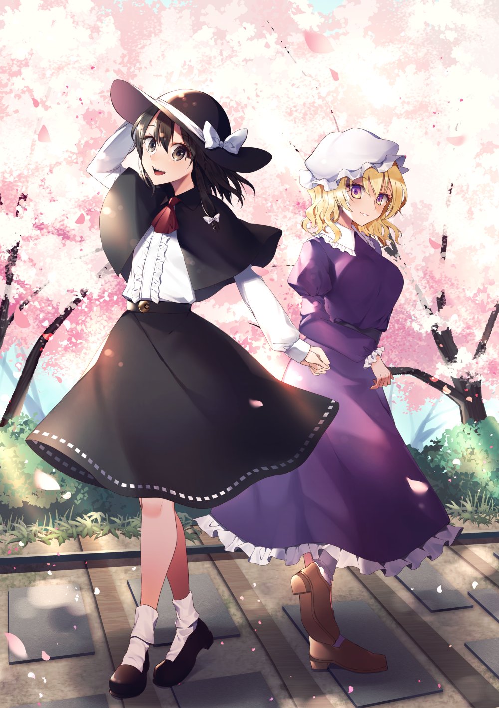 2girls ascot bangs belt black_capelet black_eyes black_hair black_skirt blue_eyes blush bobby_socks bow breasts brown_footwear capelet cherry_blossoms commentary_request dress fedora frilled_dress frilled_shirt_collar frills hair_bow hat hat_ribbon highres kaede_(mmkeyy) large_breasts loafers long_sleeves looking_at_viewer maribel_hearn mary_janes mob_cap multiple_girls open_mouth petals purple_dress red_neckwear ribbon ribbon-trimmed_skirt ribbon_trim shirt shoes short_hair skirt smile socks standing touhou tree usami_renko violet_eyes white_legwear white_shirt wing_collar