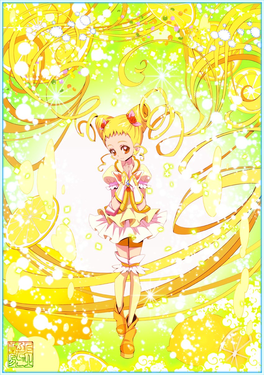 1girl blonde_hair commentary_request cure_lemonade drill_hair drill_locks earrings eyelashes flower gradient gradient_background hair_flower hair_ornament happy highres jewelry kamikita_futago kasugano_urara_(yes!_precure_5) long_hair looking_at_viewer magical_girl precure puffy_short_sleeves puffy_sleeves ribbon shirt short_sleeves smile solo twintails vest yellow_background yellow_eyes yellow_vest yes!_precure_5 yes!_precure_5_gogo!