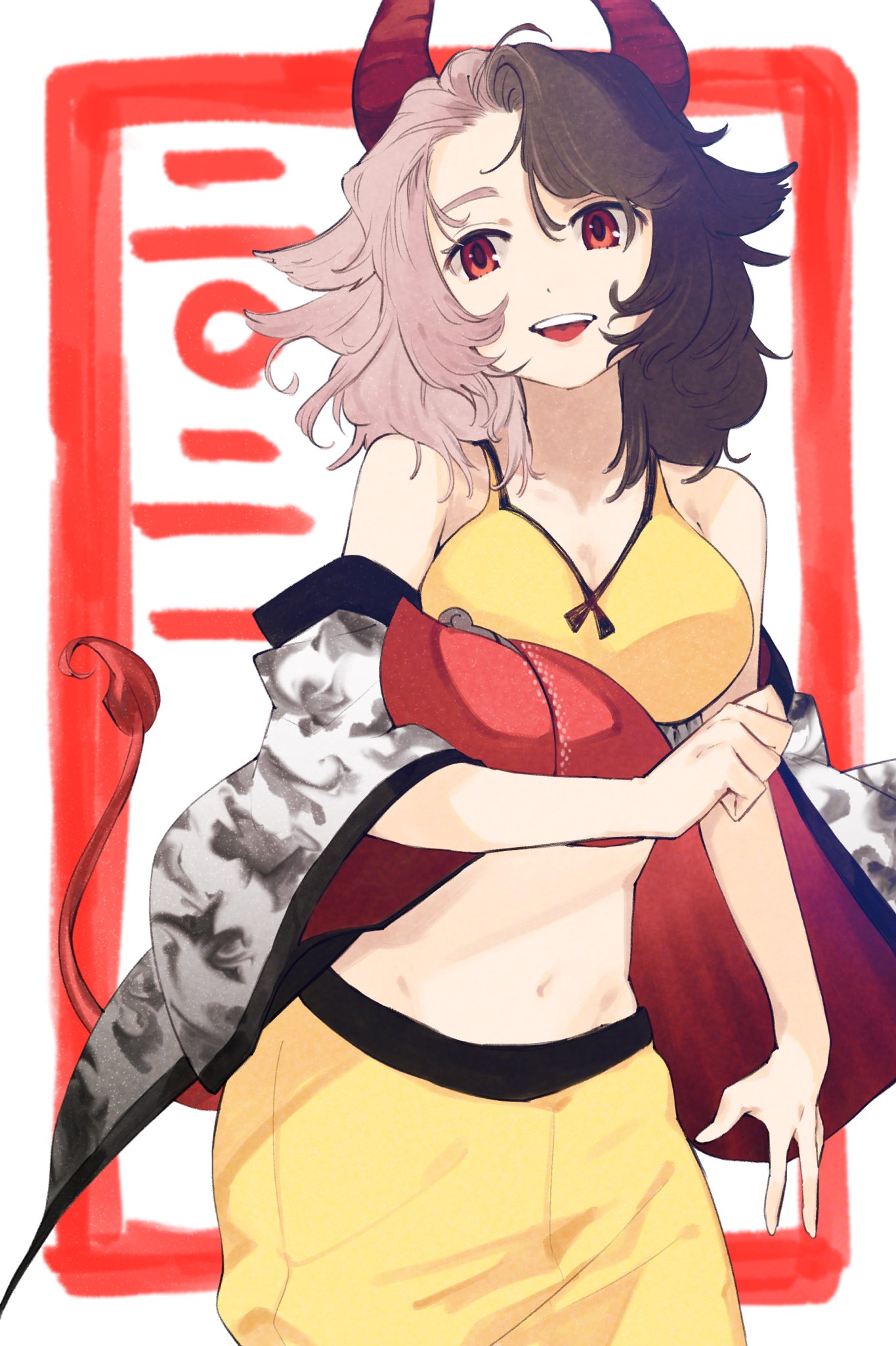 1girl animal_ears animal_print breasts cow_ears cow_girl cow_horns cow_print cow_tail cowboy_shot haori highres horns japanese_clothes medium_breasts medium_hair midriff multicolored_hair navel open_mouth pants red_eyes red_horns shorts sports_bra statue stomach suehachi_(hikage) tail tank_top teeth touhou two-tone_hair upper_teeth ushizaki_urumi yellow_pants yellow_shorts yellow_tank_top