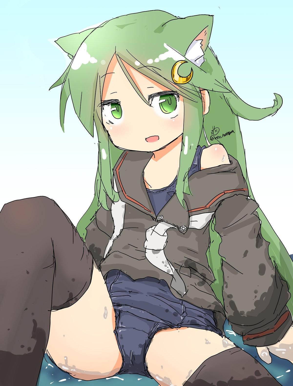 1girl animal_ear_fluff animal_ears black_legwear black_serafuku blue_swimsuit cat_ears clothes_removed commentary_request crescent crescent_hair_ornament green_eyes green_hair hair_ornament highres kantai_collection long_hair looking_at_viewer nagatsuki_(kancolle) neckerchief school_swimsuit school_uniform serafuku solo swimsuit swimsuit_under_clothes thigh-highs ver_norma2 wet wet_clothes white_neckwear