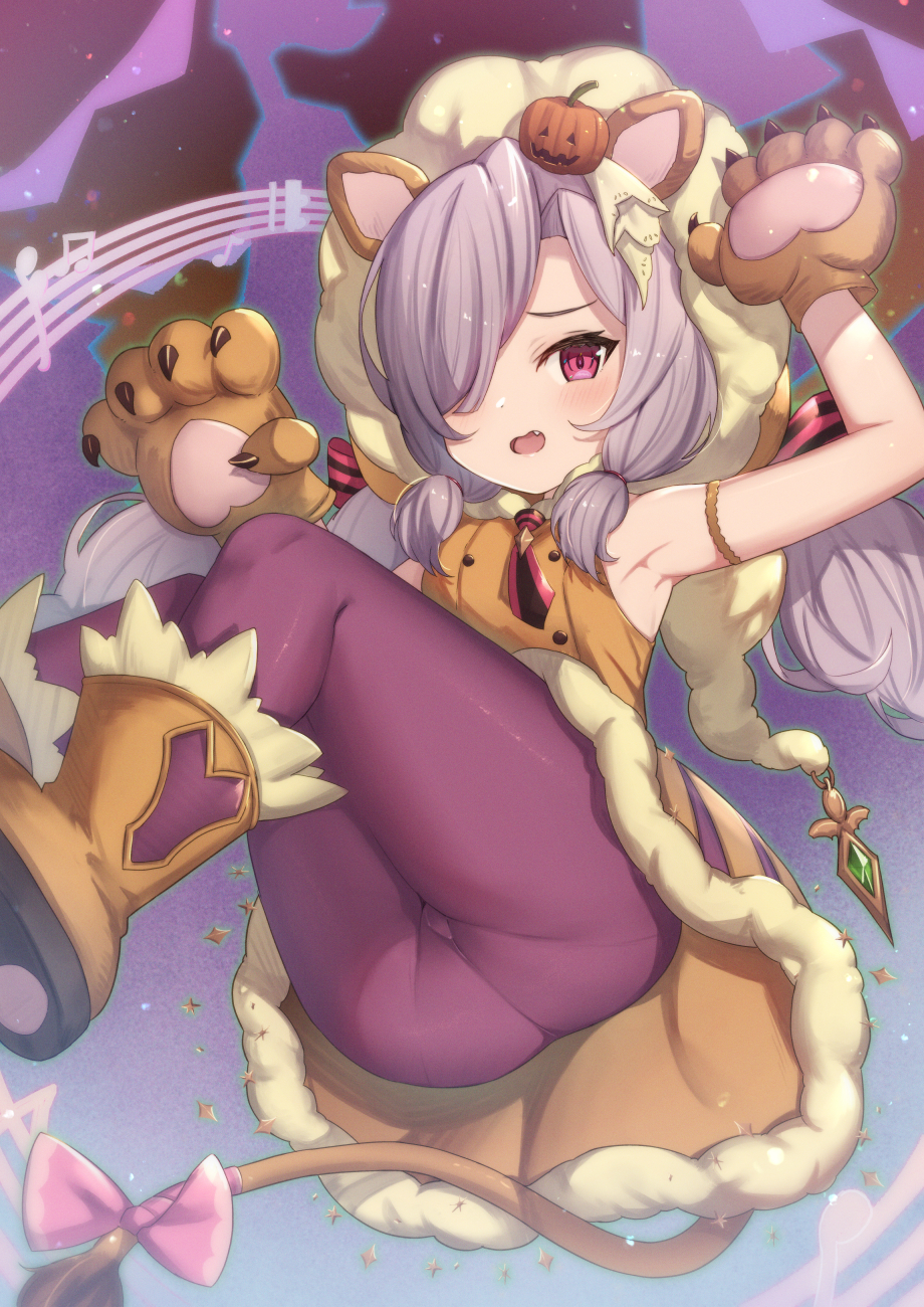 1girl animal_ears animal_hands armpits arms_up ass bangs blush boots bow brown_footwear brown_gloves claws commentary_request dress fang gloves granblue_fantasy hair_ornament hair_over_one_eye hair_ribbon halloween harvin highres jack-o'-lantern jack-o'-lantern_hair_ornament lion_ears lion_tail long_hair looking_at_viewer low_twintails niyon_(granblue_fantasy) open_mouth panties panties_under_pantyhose pantyhose pantylines paw_gloves pink_bow pointy_ears purple_hair purple_legwear purple_ribbon revision ribbon sleeveless sleeveless_dress solo striped striped_ribbon tail tail_bow tail_ornament thighs twintails underwear uneg violet_eyes