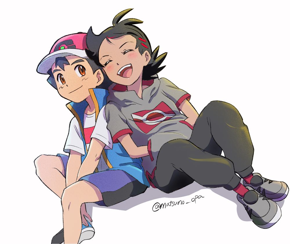 2boys :d ash_ketchum baseball_cap blue_jacket blush brown_eyes closed_eyes closed_mouth commentary_request eyelashes goh_(pokemon) grey_footwear grey_shirt hands_in_pockets hat jacket male_focus matsuno_opa multiple_boys open_mouth pants pokemon pokemon_(anime) pokemon_swsh_(anime) red_legwear shirt shoes short_hair shorts sitting sleeveless sleeveless_jacket smile socks teeth tongue twitter_username upper_teeth white_shirt