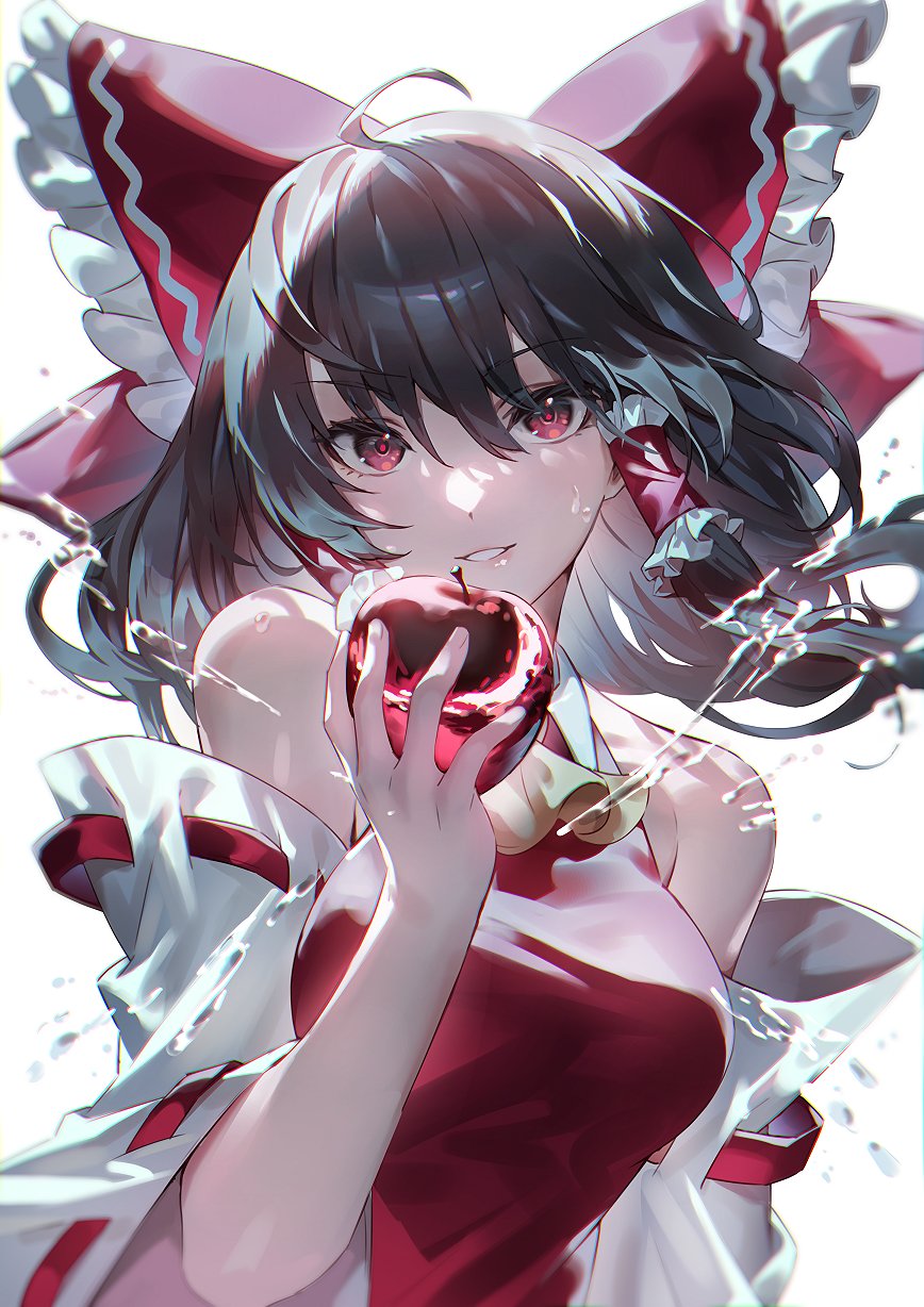 1girl ahoge apple ascot bangs bare_shoulders black_hair bow commentary food frilled_bow frills fruit hair_between_eyes hakurei_reimu highres holding holding_food holding_fruit japanese_clothes looking_at_viewer miko off_shoulder open_mouth red_bow red_eyes red_skirt simple_background skirt solo touhou u_u_zan upper_body watercraft white_background wide_sleeves