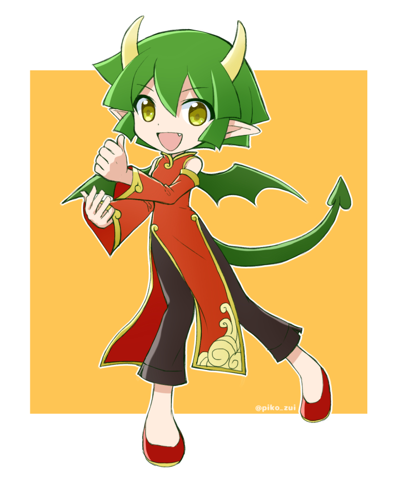 1girl blush brown_eyes china_dress chinese_clothes draco_centauros dragon_girl dragon_horns dragon_tail dragon_wings dress eyebrows_visible_through_hair fang full_body green_hair horns looking_at_viewer open_mouth pointy_ears puyopuyo red_footwear short_hair smile solo tail takazaki_piko twitter_username wings