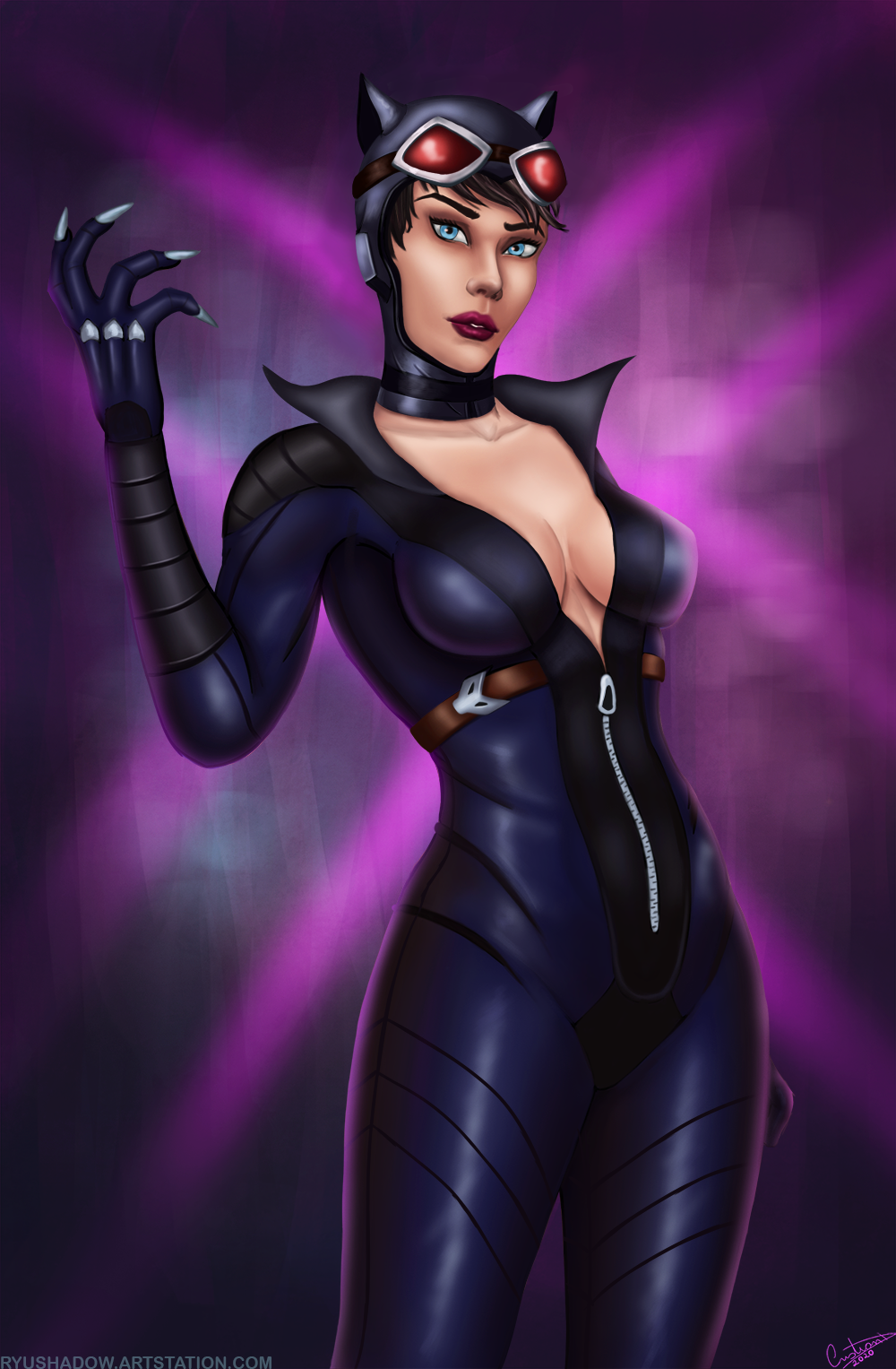 bodysuit breasts catwoman dc_comics highres open_clothes ryushadow22 selina_kyle solo