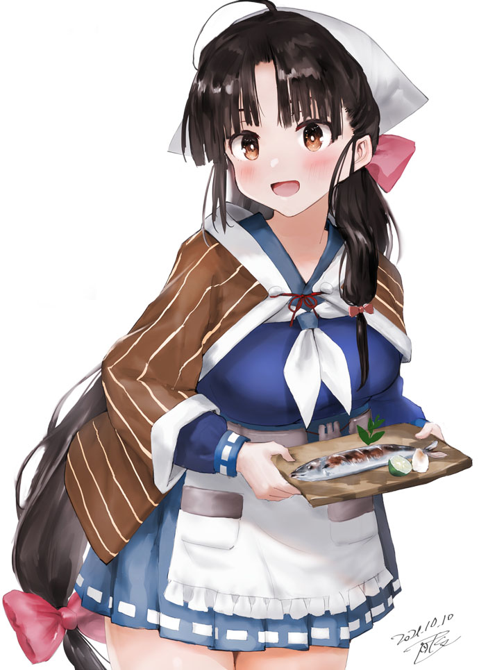 1girl ahoge black_hair blue_skirt blush breasts brown_eyes brown_shawl cosplay cowboy_shot dated fish jingei_(kancolle) jingei_(kancolle)_(cosplay) kantai_collection large_breasts long_hair long_sleeves neckerchief open_mouth pleated_skirt saury shawl shouhou_(kancolle) signature simple_background skirt smile solo toka_(marchlizard) very_long_hair white_background white_neckwear