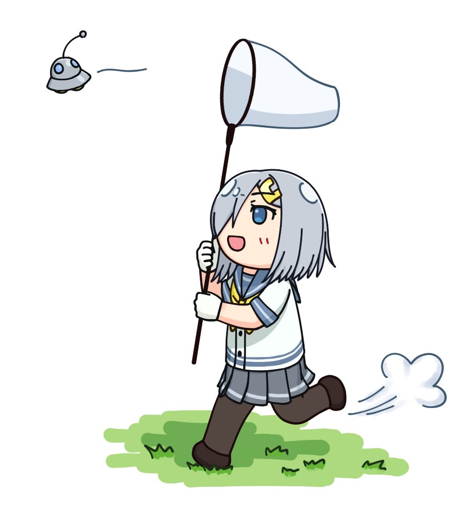 1girl black_legwear blue_sailor_collar blush brown_footwear butterfly_net catching commentary eyebrows_visible_through_hair floating gloves grass grey_skirt hair_ornament hair_over_one_eye hairclip hama!_(3toshinhmkz) hamakaze_(kancolle) hand_net holding kantai_collection neckerchief open_mouth pantyhose pleated_skirt sailor_collar school_uniform shirt shoes short_hair silver_hair simple_background skirt solo ufo uniform walking white_background white_gloves white_shirt yellow_neckwear