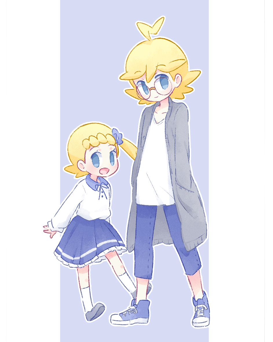 1boy 1girl ahoge akasaka_(qv92612) bangs blonde_hair bonnie_(pokemon) brother_and_sister buttons clemont_(pokemon) closed_mouth coat collared_shirt commentary_request glasses grey_coat grey_footwear hand_in_pocket long_sleeves neck_ribbon no_pupils open_clothes open_coat pants pokemon pokemon_(game) pokemon_xy ribbon shirt shoes siblings skirt smile sneakers socks standing white_legwear white_shirt
