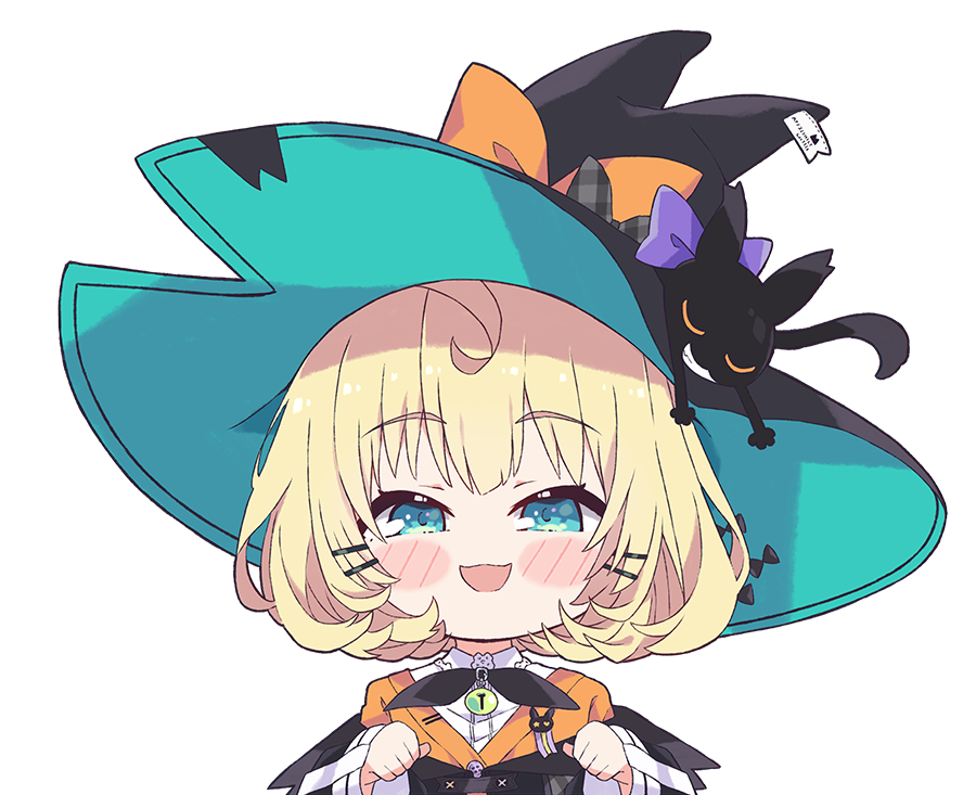 1girl aqua_eyes bangs blonde_hair cardigan commentary english_commentary eyebrows_visible_through_hair hair_ornament hairclip hat kukie-nyan looking_at_viewer lucie_(millie_parfait) millie_parfait nijisanji nijisanji_en orange_cardigan short_hair simple_background solo virtual_youtuber white_background witch_hat