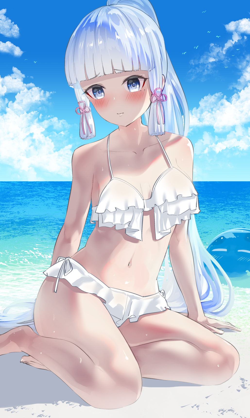 1girl beach bikini blue_eyes blue_sky blush breasts closed_mouth collarbone eyebrows_visible_through_hair foot_out_of_frame frilled_bikini frills furrowed_brow genshin_impact hair_tie highres kamisato_ayaka light_blue_hair long_hair looking_at_viewer mole mole_under_eye navel ponytail revision shy sitting sky slime_(genshin_impact) solo swimsuit uenoryoma very_long_hair wet white_hair yokozuwari