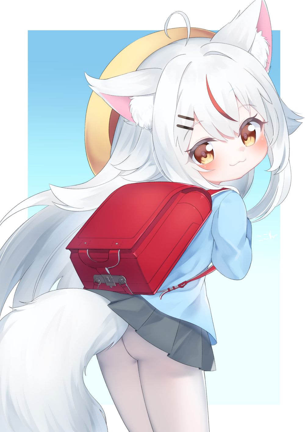 1girl :3 ahoge animal_ear_fluff animal_ears ass bangs blue_shirt blush brown_eyes commentary_request eyebrows_visible_through_hair fox_ears fox_girl fox_tail from_behind grey_skirt hair_between_eyes hat highres indie_virtual_youtuber kamiko_kana kindergarten_uniform kokone_(coconeeeco) long_hair looking_at_viewer looking_back multicolored_hair pantyhose pleated_skirt redhead school_hat shirt skirt solo streaked_hair tail very_long_hair virtual_youtuber white_hair white_legwear yellow_headwear