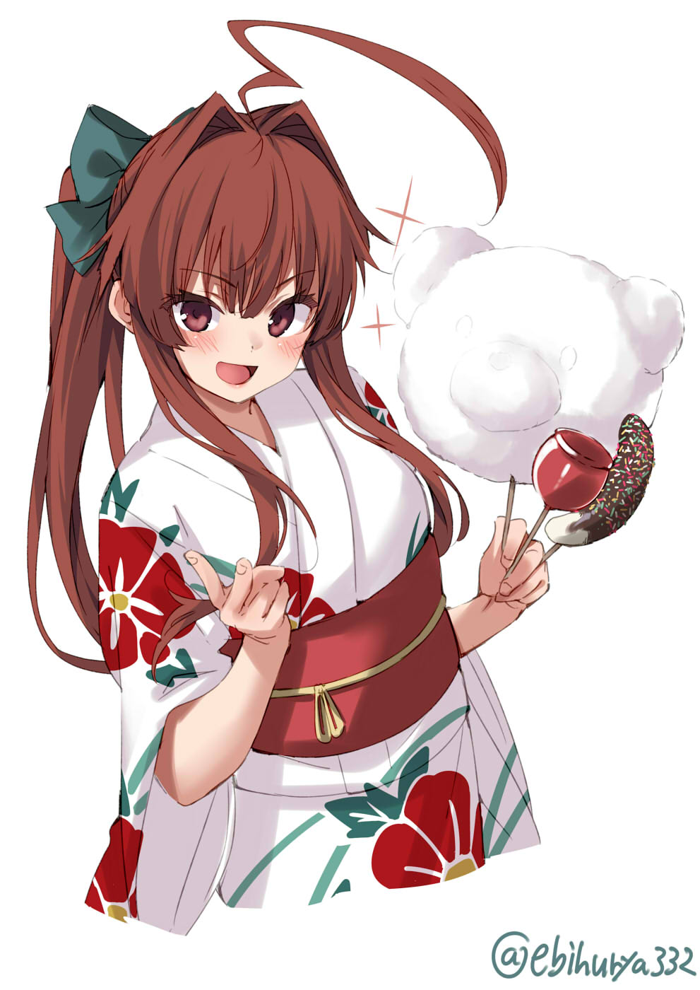 1girl alternate_costume blush brown_eyes brown_hair candy_apple chocolate_banana cotton_candy cowboy_shot ebifurya eyebrows_visible_through_hair floral_print food hair_between_eyes hair_ribbon highres japanese_clothes kantai_collection kimono kuma_(kancolle) long_hair looking_at_viewer obi official_alternate_costume open_mouth ponytail ribbon sash simple_background smile solo twitter_username white_background white_kimono yukata