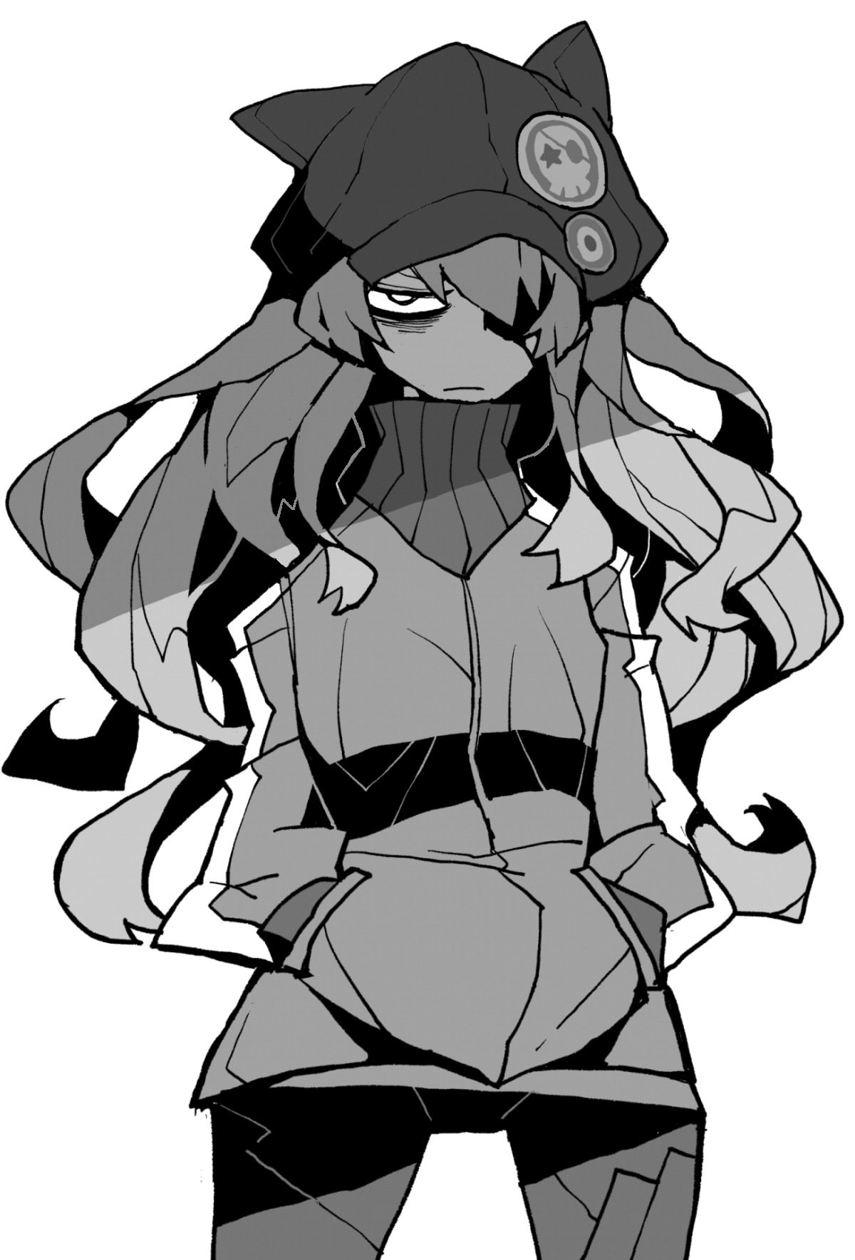 1girl badge bags_under_eyes bangs button_badge cabbie_hat cowboy_shot dowman_sayman evangelion:_3.0_you_can_(not)_redo eyepatch greyscale hands_in_pockets hat highres jacket long_hair long_sleeves looking_at_viewer monochrome neon_genesis_evangelion plugsuit rebuild_of_evangelion simple_background skull_print solo souryuu_asuka_langley white_background