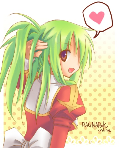 1girl :d bangs border bow brown_eyes commentary_request copyright_name dress eyebrows_visible_through_hair eyes_visible_through_hair green_hair hair_between_eyes hand_in_hair heart high_priest_(ragnarok_online) juliet_sleeves long_hair long_sleeves looking_at_viewer looking_back lowres open_mouth polka_dot polka_dot_background puffy_sleeves ragnarok_online red_dress sakakura_(sariri) smile solo spoken_heart two-tone_dress upper_body white_border white_bow white_dress yellow_background