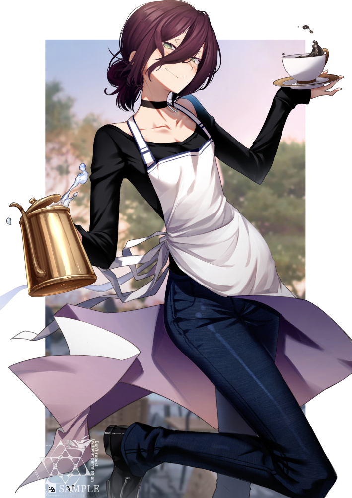 1girl apron black_choker black_footwear black_shirt blue_pants blurry blurry_background blush breasts chainsaw_man choker closed_mouth cluseller collarbone commentary cup denim foot_out_of_frame green_eyes grenade_pin hair_between_eyes hair_bun holding holding_cup holding_teapot jeans long_sleeves looking_at_viewer pants purple_hair reze_(chainsaw_man) saucer shirt shoes short_hair small_breasts smile solo standing standing_on_one_leg t-shirt teacup teapot tree watermark white_apron