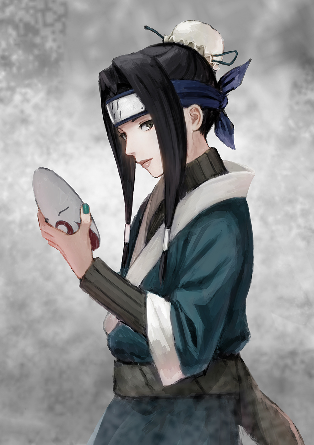 1boy bangs black_hair commentary_request forehead_protector from_side gradient gradient_background grey_background grey_nails haku_(naruto) highres holding holding_mask japanese_clothes kirigakure_symbol layered_sleeves long_hair long_sleeves looking_at_viewer looking_to_the_side male_focus mask mask_removed menka naruto naruto_(series) ninja otoko_no_ko smile solo