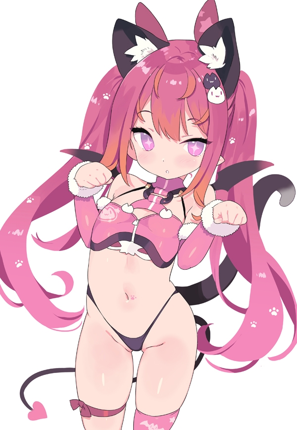 1girl animal_ear_fluff animal_ears bangs bare_shoulders black_panties blade_(galaxist) blush bow breasts cat_ears cat_tail crop_top cropped_legs demon_tail demon_wings detached_sleeves fang flat_chest hair_ornament hands_up highleg indie_virtual_youtuber long_hair long_sleeves looking_at_viewer mel_mellow navel open_mouth panties paw_pose pink_legwear red_bow redhead simple_background single_thighhigh skindentation small_breasts solo standing tail thigh-highs thigh_strap twintails underwear very_long_hair violet_eyes white_background wings