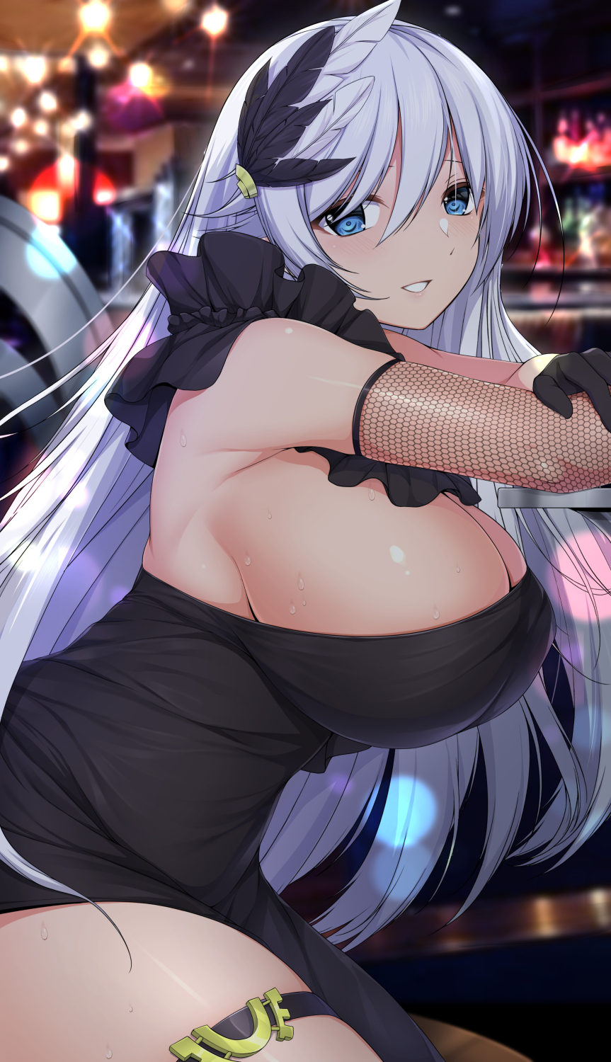 1girl armpits blue_eyes blush breasts cecilia_schariac clip_studio_paint_(medium) commentary english_commentary gloves hair_ornament highres honkai_(series) honkai_impact_3rd large_breasts long_hair looking_at_viewer sheita sideboob silver_hair smile solo sweat