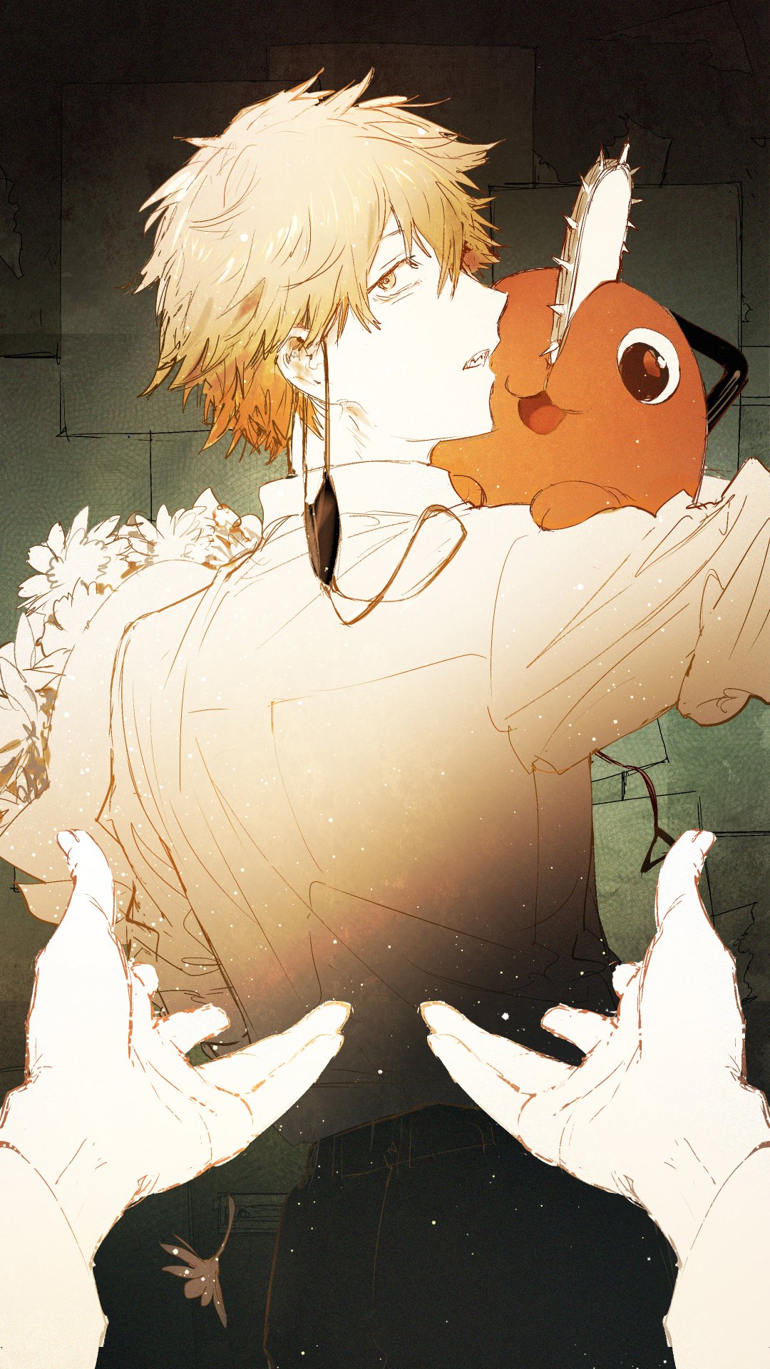 1boy black_pants blonde_hair bouquet chainsaw chainsaw_man collared_shirt cowboy_shot creature denji_(chainsaw_man) eyepatch eyepatch_removed from_behind highres holding holding_bouquet holding_creature long_sleeves looking_back male_focus pants parted_lips pochita_(chainsaw_man) pov pov_hands profile rella shirt short_hair solo white_shirt yellow_eyes