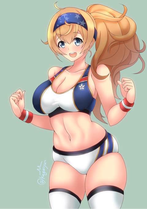 1girl alternate_costume alternate_hairstyle blonde_hair blue_eyes breasts buruma gambier_bay_(kancolle) grey_background hairband kantai_collection kuga_zankurou large_breasts multicolored multicolored_clothes plump side_ponytail simple_background skindentation solo sports_bikini thigh-highs twintails white_buruma white_legwear