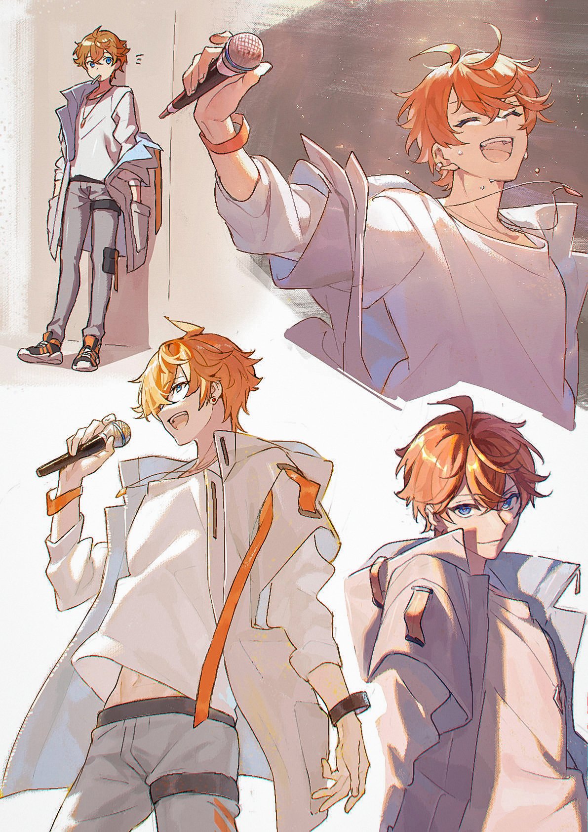 1boy almoonnn blue_eyes closed_eyes earrings genshin_impact grey_jacket grey_pants highres holding holding_microphone jacket jewelry looking_at_viewer microphone multiple_views music necklace open_clothes open_jacket open_mouth orange_hair pants shirt short_hair singing smile solo sweat sweatdrop tartaglia_(genshin_impact) white_shirt wristband