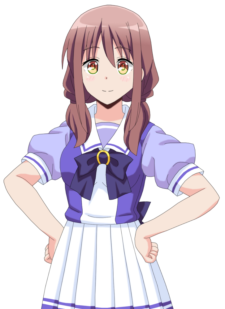1girl alternate_costume bow bowtie brown_hair cosplay cp9a hands_on_hips harukana_receive low_twintails oozora_haruka_(harukana_receive) purple_shirt school_uniform shirt simple_background skirt super_creek_(umamusume) super_creek_(umamusume)_(cosplay) tracen_school_uniform twintails umamusume voice_actor_connection white_background yellow_eyes yuuki_kana