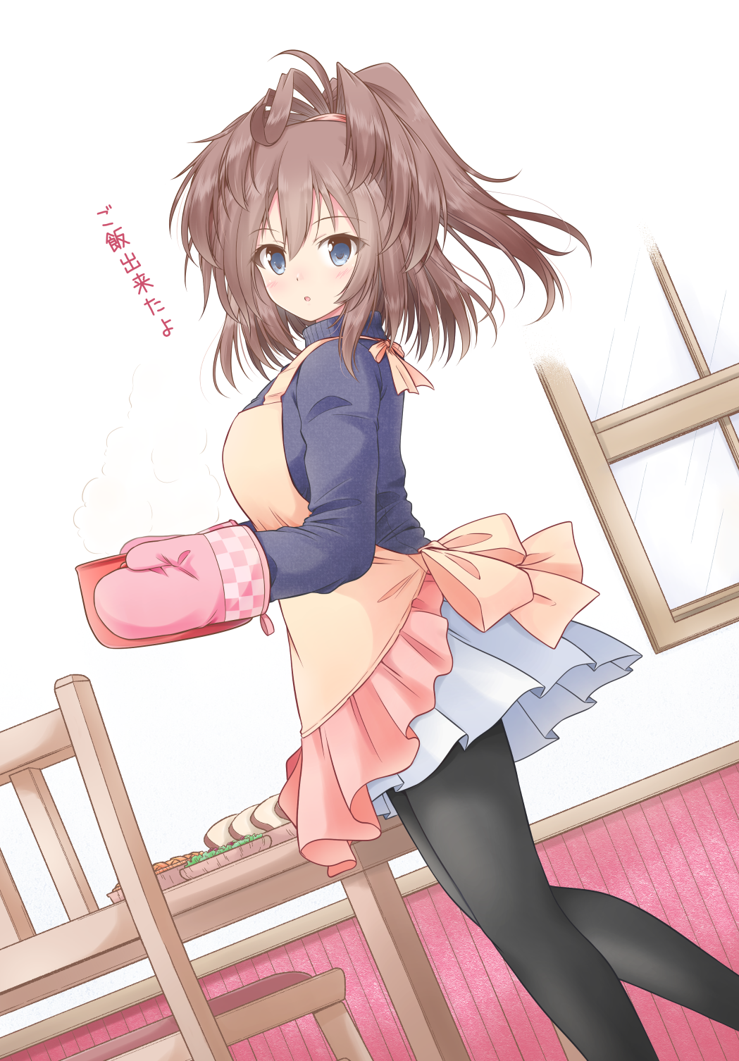 1girl alternate_costume apron black_legwear blue_eyes blue_sweater brown_hair food highres holding icesherbet kantai_collection long_hair long_sleeves messy_hair miniskirt oven_mitts pantyhose pleated_skirt sheffield_(kancolle) skirt solo sweater translation_request white_skirt yellow_apron