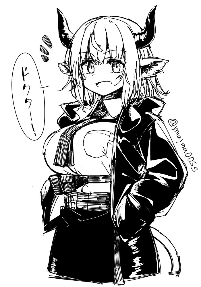 animal_ears arknights breasts collared_shirt cow_ears cow_girl cow_horns cow_tail eyebrows_visible_through_hair greyscale hands_in_pockets high_contrast horns jacket large_breasts leather_skirt looking_at_viewer monochrome necktie notice_lines open_clothes open_jacket open_mouth shirt sideroca_(arknights) simple_background sketch smile speech_bubble symbol-only_commentary tail translated twitter_username white_background yom_(ymayma00ss)