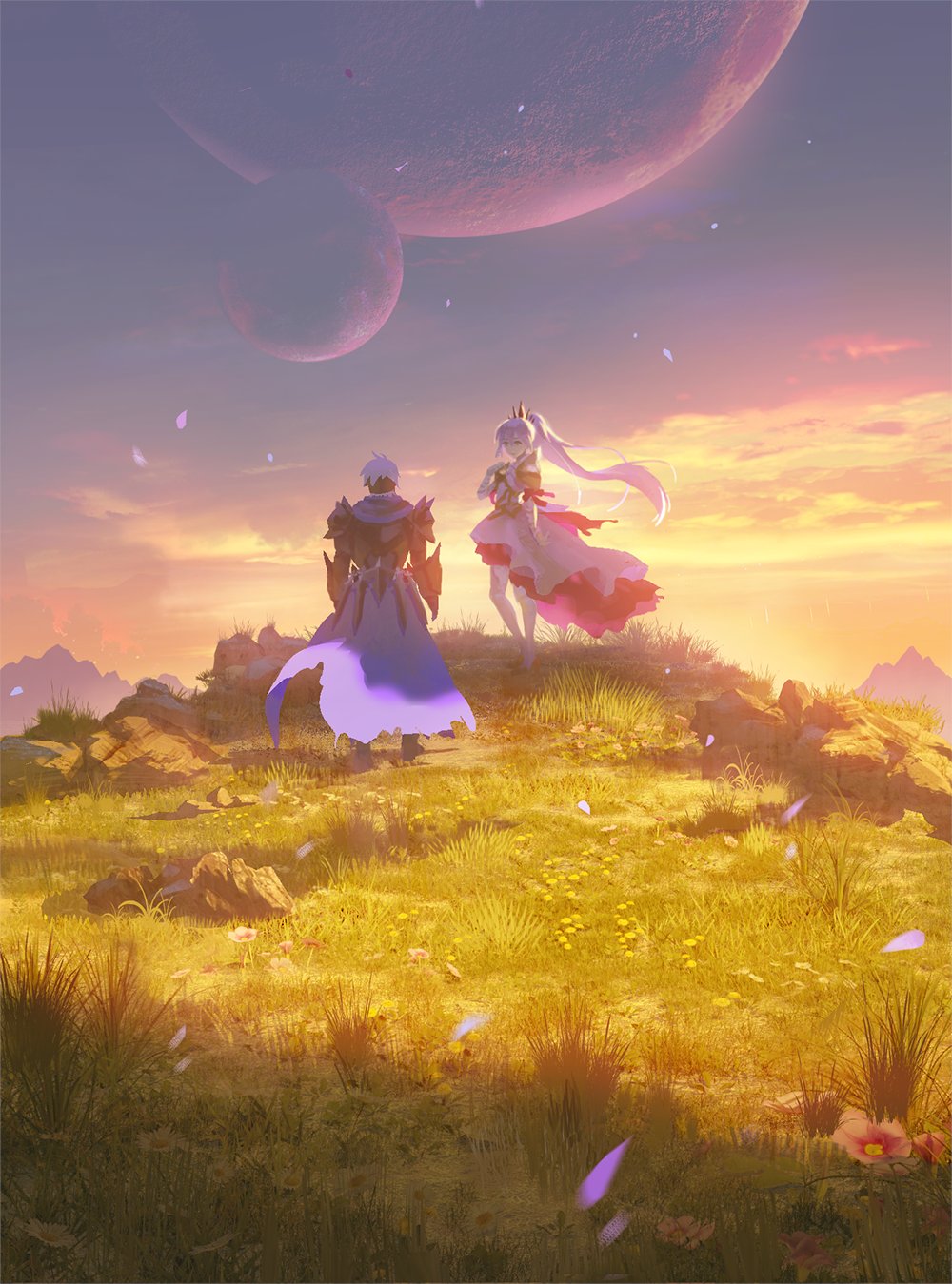 1boy 1girl alphen_(tales) armor armored_dress bangs black_armor blue_scarf boots braid cape clouds commentary_request dark-skinned_male dark_skin dress dusk from_behind gauntlets gloves grass hair_ornament highres long_hair meipu_hm moon outdoors pants petals pink_hair plate_armor ponytail scarf scenery shionne_(tales) shirt short_hair shoulder_armor sidelocks sky standing sword tales_of_(series) tales_of_arise very_long_hair weapon white_dress wind wind_lift
