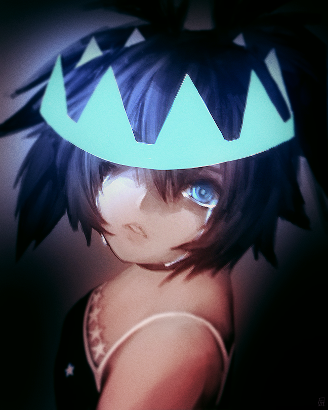 1girl black_rock_shooter black_rock_shooter_(character) black_rock_shooter_beast blue_eyes breasts choker crown crying english_commentary fixelcat from_above glowing gradient gradient_background hair_over_one_eye head_tilt looking_at_viewer parted_lips short_hair short_twintails small_breasts solo star_(symbol) tank_top twintails upper_body