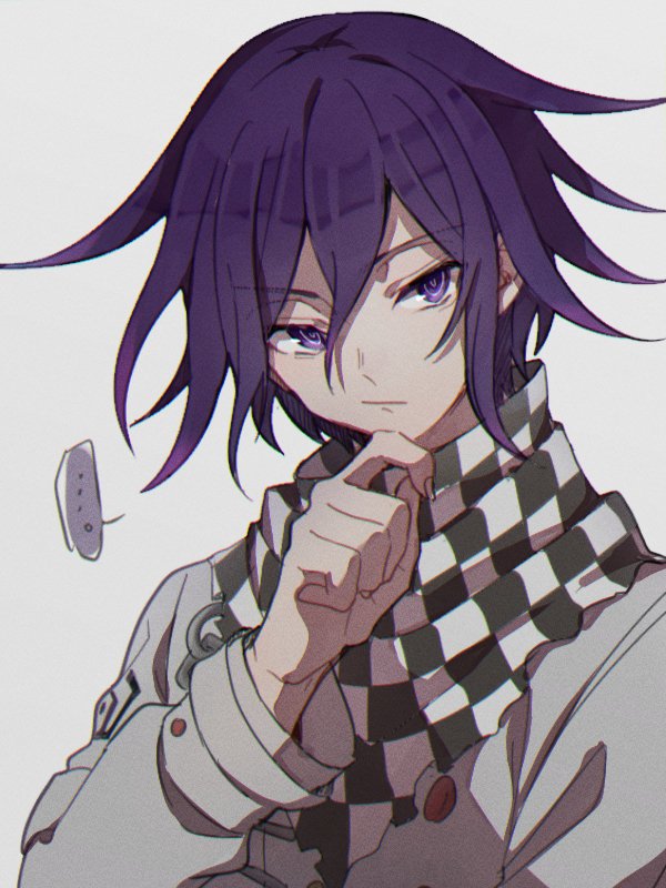 ... 1boy bangs blue_eyes buttons checkered checkered_neckwear checkered_scarf danganronpa_(series) danganronpa_v3:_killing_harmony finger_to_own_chin grey_background grey_jacket grey_scarf hair_between_eyes jacket kitsunebi_v3kokonn long_sleeves looking_at_viewer male_focus ouma_kokichi purple_hair scarf simple_background solo spoken_ellipsis thinking upper_body violet_eyes