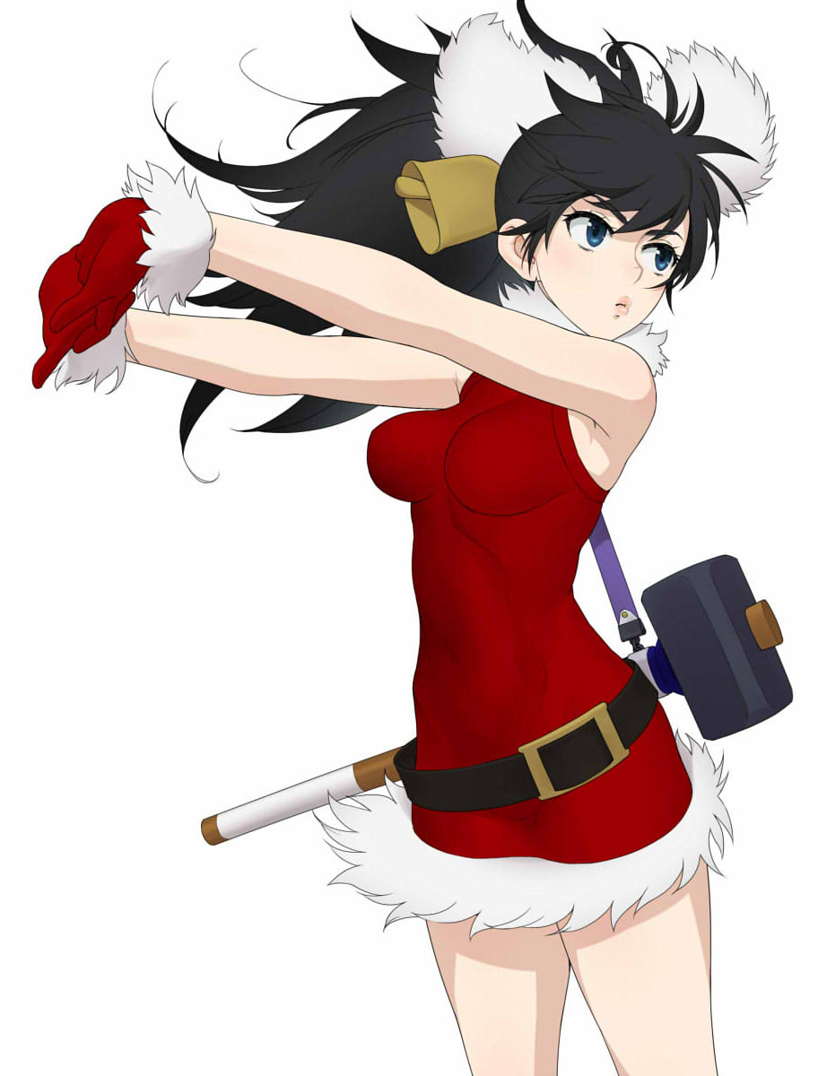 1girl bangs bell belt black_belt black_hair blue_eyes carrying christmas closed_mouth commentary cowbell dress fur-trimmed_dress fur-trimmed_gloves fur_trim ganaha_hibiki gloves hair_bell hair_ornament halterneck hammer highres idolmaster idolmaster_(classic) interlocked_fingers light_frown long_hair looking_to_the_side outstretched_arms own_hands_together ponytail red_dress red_gloves santa_dress santa_gloves short_dress simple_background sledgehammer solo standing wata_do_chinkuru white_background wind