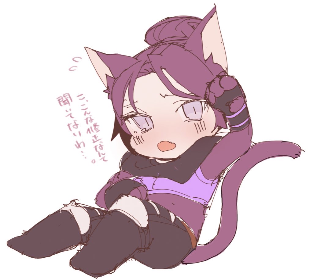 1girl :o animal_ears animification apex_legends black_bodysuit black_scarf blush bodysuit cat_ears cat_girl cat_tail chibi hair_bun kemonomimi_mode looking_at_viewer niyamu open_mouth scarf sitting sketch solo tail translation_request violet_eyes wraith_(apex_legends)