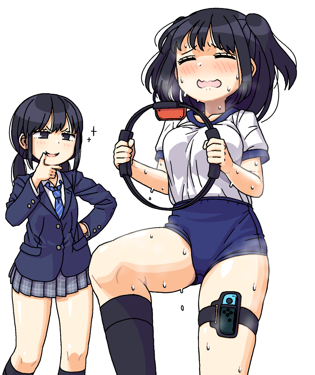 2girls black_eyes black_hair blush breath buruma closed_eyes gym_uniform hand_on_hip hand_on_own_chin highres holding joy-con maruput multiple_girls original ring_fit_adventure school_uniform smug sweat thigh_strap twintails two_side_up visible_air white_background