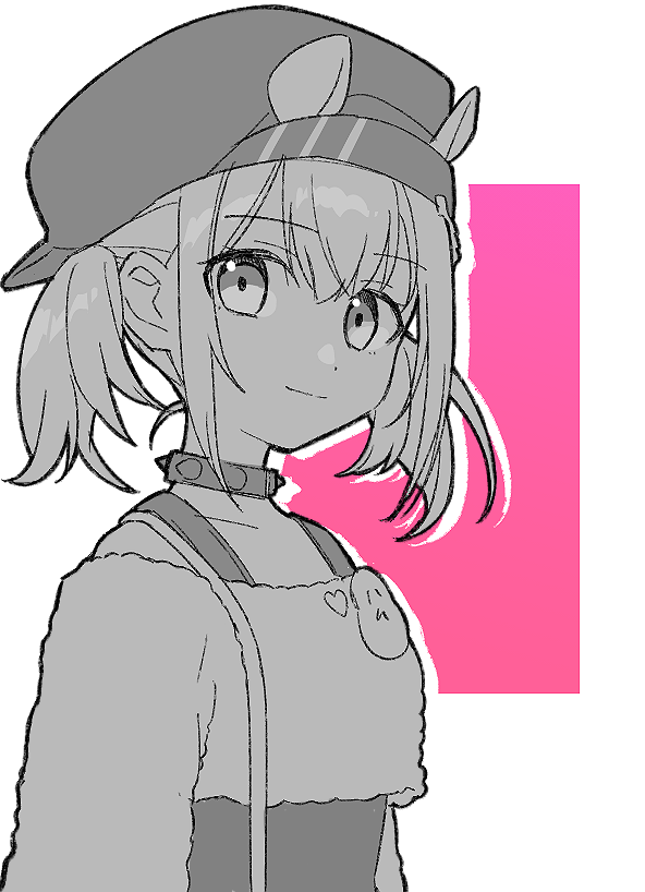 1girl azusawa_kohane backwards_hat bangs bare_shoulders cabbie_hat closed_mouth collar collarbone crop_top drop_shadow eyebrows_visible_through_hair hair_between_eyes hat looking_at_viewer off-shoulder_shirt off_shoulder pink_background project_sekai shirt short_twintails smile solo spiked_collar spikes twintails two-tone_background upper_body uso_(ameuzaki) white_background