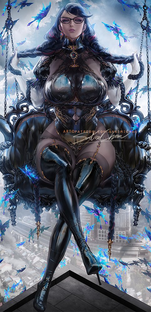 1girl artist_name banned_artist bayonetta bayonetta_(series) bayonetta_3 black_hair bodystocking boots braid breasts bug butterfly full_body glasses gloves grey_eyes large_breasts lips long_hair looking_at_viewer mole mole_under_mouth sakimichan signature solo swing thigh-highs thigh_boots twin_braids white_gloves