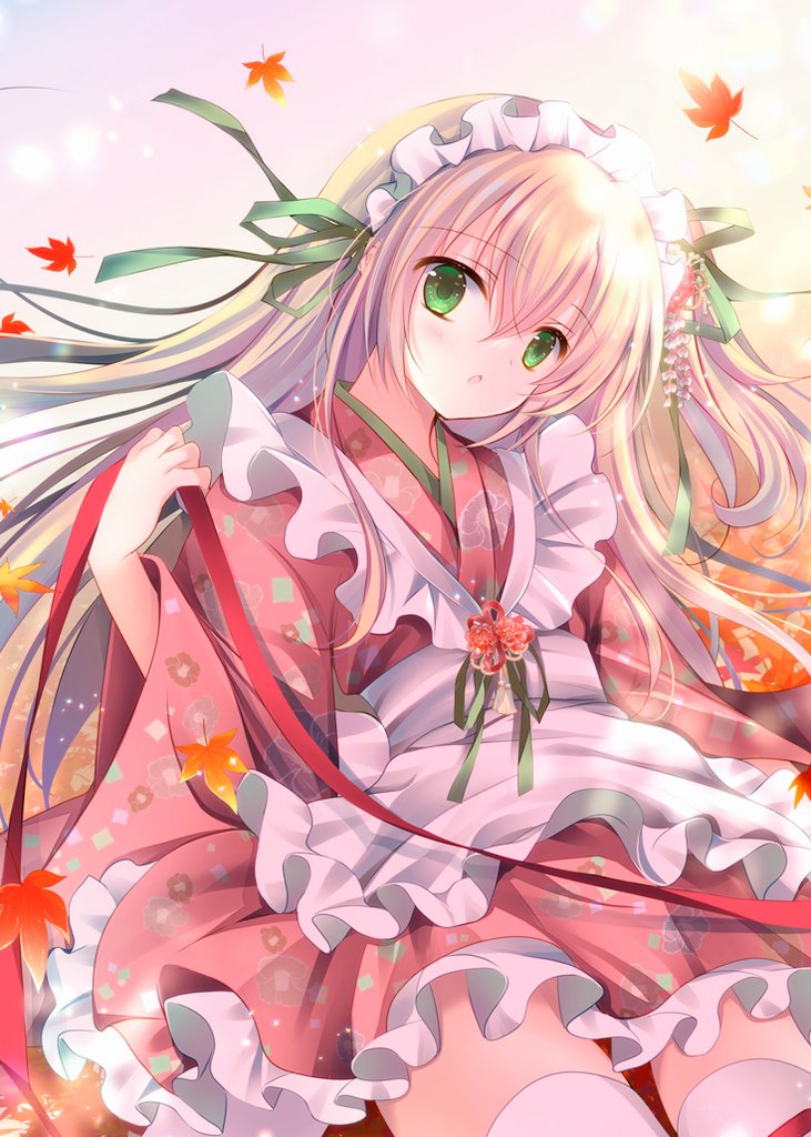 1girl apron autumn_leaves bangs blonde_hair commentary_request eyebrows_visible_through_hair floral_print frilled_apron frilled_kimono frills green_eyes green_ribbon hair_between_eyes japanese_clothes kimono leaf long_hair long_sleeves looking_at_viewer maid_headdress maple_leaf one_side_up original parted_lips print_kimono red_kimono ribbon shirogane_hina solo thigh-highs very_long_hair wa_maid white_apron white_legwear wide_sleeves