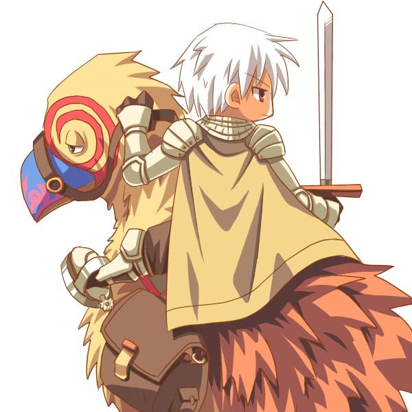 1boy animal armor armored_boots bag bangs bird boots brown_cape brown_eyes brown_pants cape chainmail closed_mouth commentary_request eyebrows_visible_through_hair from_behind full_body gauntlets holding holding_sword holding_weapon knight_(ragnarok_online) looking_afar looking_to_the_side oversized_animal pants pauldrons peco_peco ragnarok_online reins riding_bird saddle sakakura_(sariri) short_hair shoulder_armor simple_background spurs sword weapon white_background white_hair