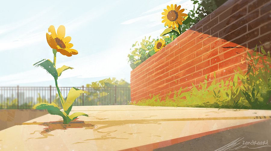 backlighting blue_sky blurry blurry_background brick brick_wall bush commentary day english_commentary flower light_particles no_humans no_lineart original outdoors plant road shade shadow signature sky street sunflower sunlight yellow_flower zandra