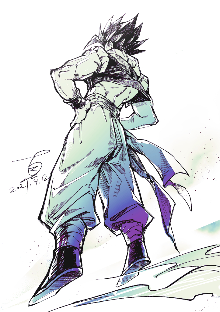 1boy dated dragon_ball dragon_ball_z floating from_behind from_below gogeta hands_on_hips male_focus metamoran_vest monochrome muscular muscular_male pants shin_(sinsin12121) signature simple_background sketch sleeveless solo spiky_hair wristband