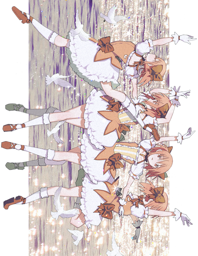 1girl ballet bangs bird bow dove dress dress_bow gloves hair_bow kaname_madoka looking_at_viewer magical_girl mahou_shoujo_madoka_magica multiple_views ocean pc_(z_yu) pink_bow pink_dress pink_eyes pink_footwear pink_hair puffy_short_sleeves puffy_sleeves short_hair short_sleeves short_twintails sidelocks sideways socks sparkle twintails water white_gloves white_legwear